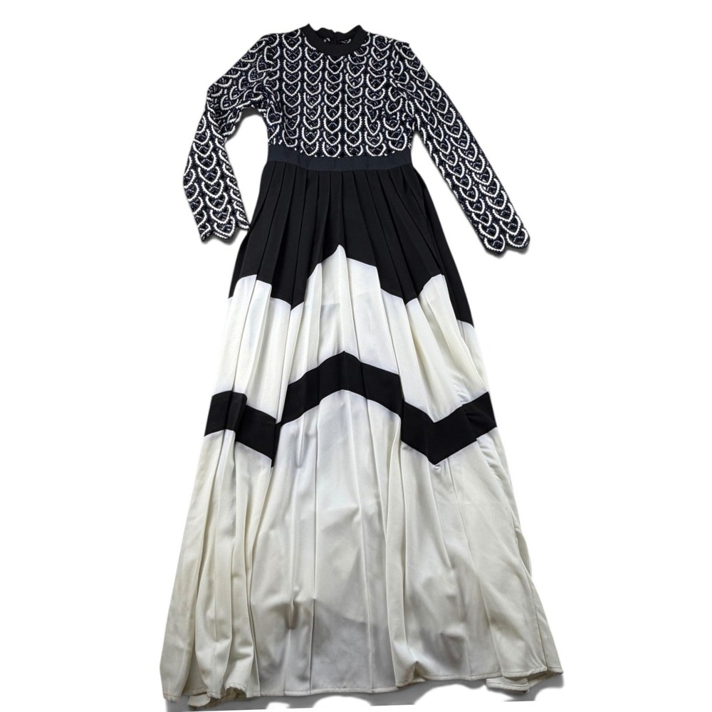Self-Portrait Maxi Dress Women S Multicolor Monochrome Zig-Zag Panel Lace Runway